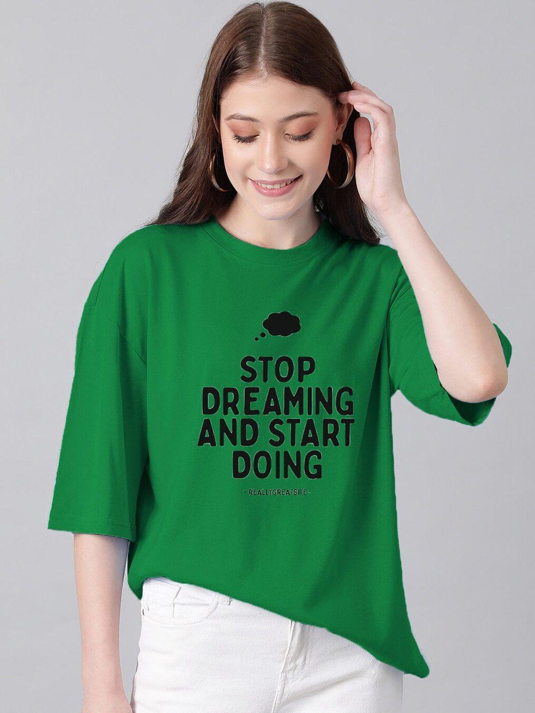 kotty green & black typography printed drop shoulder sleeves oversized casual t-shirt