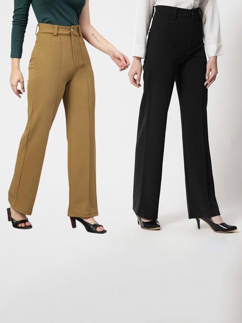 kotty khaki & black solid high rise trousers (pack of 2)