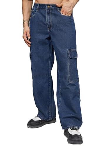 kotty men's mid rise solid cargo jeans ultramarine blue