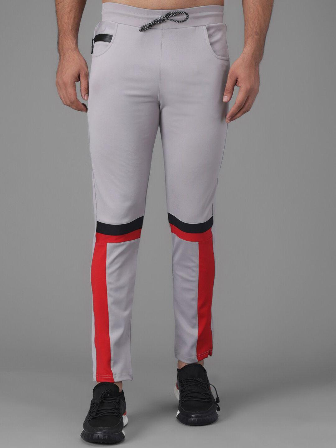 kotty men grey & red colourblocked straight fit track pants