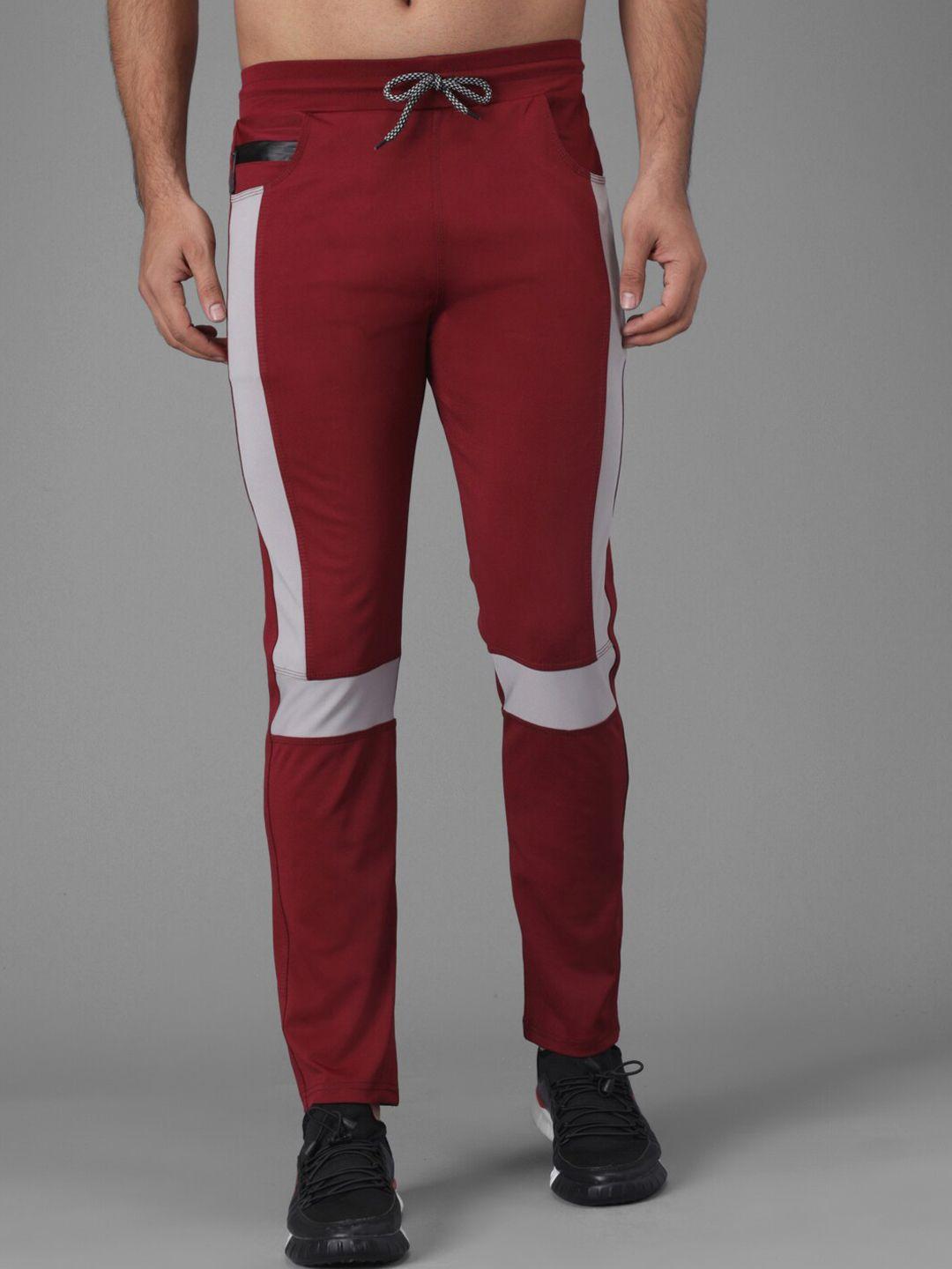 kotty men maroon straight fit colourblocked track pants