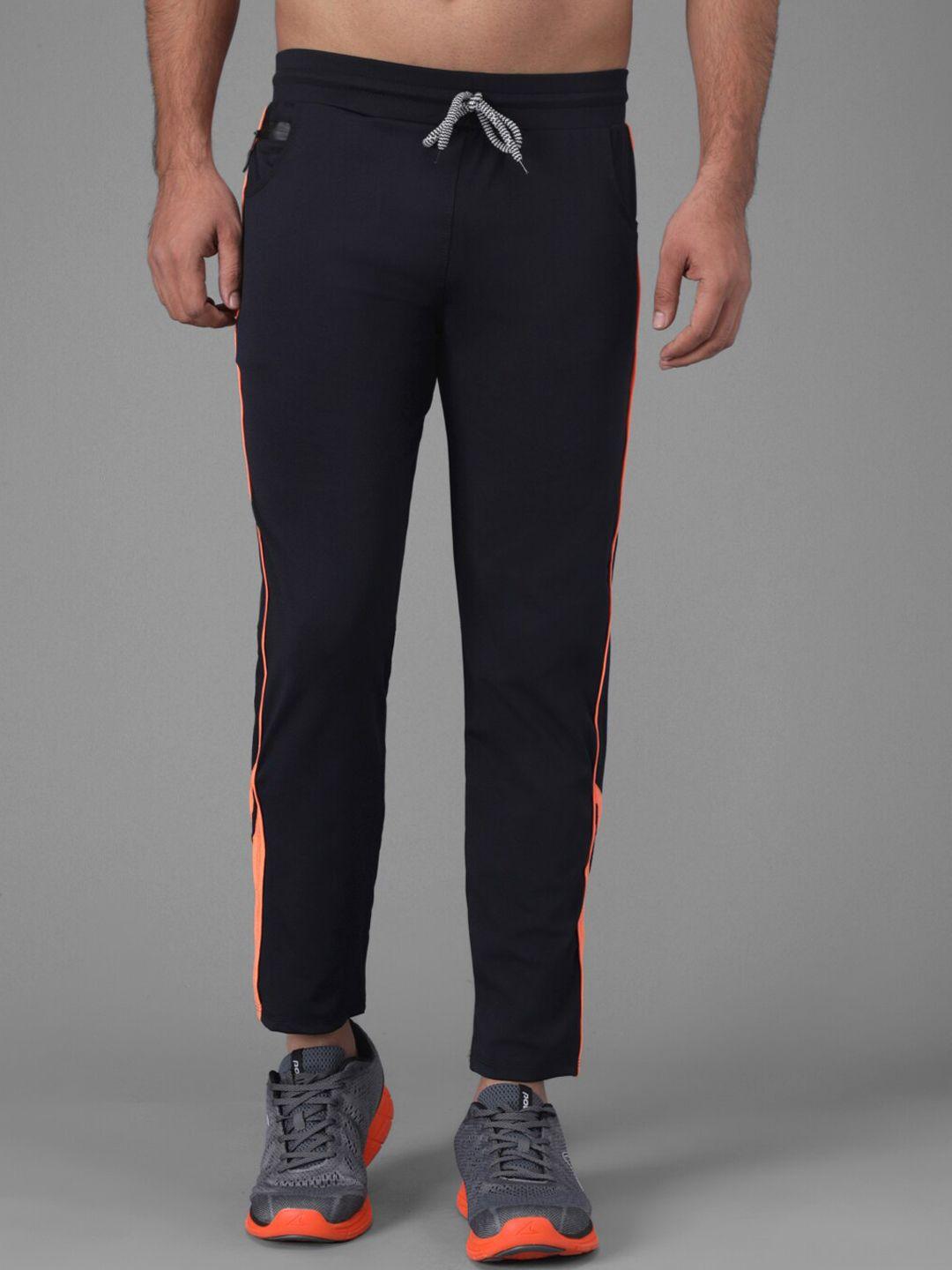 kotty men navy blue & orange striped slim-fit track pants