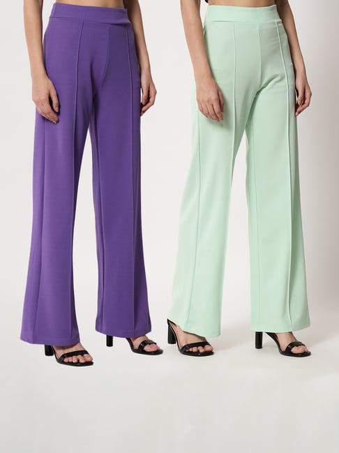 kotty purple & green straight fit high rise trousers (pack of 2)