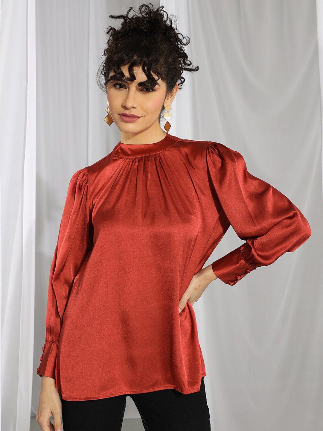 kotty rust-coloured high neck bishop sleeves gathered detail satin top