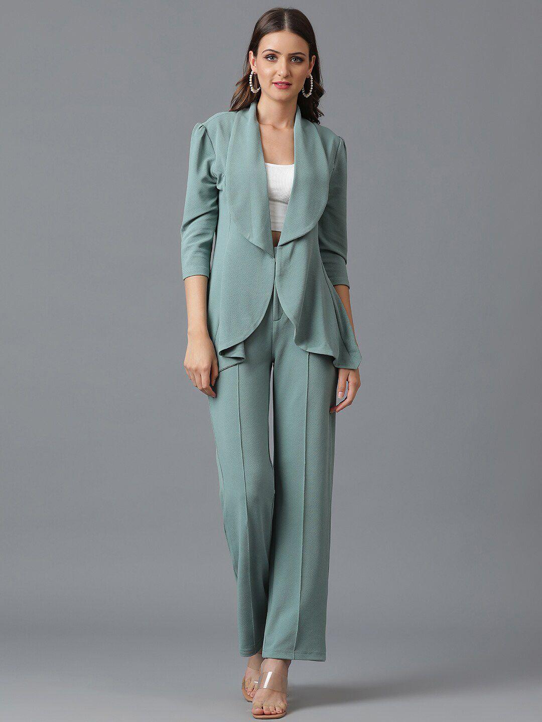 kotty sea green shawl neck coat with trousers