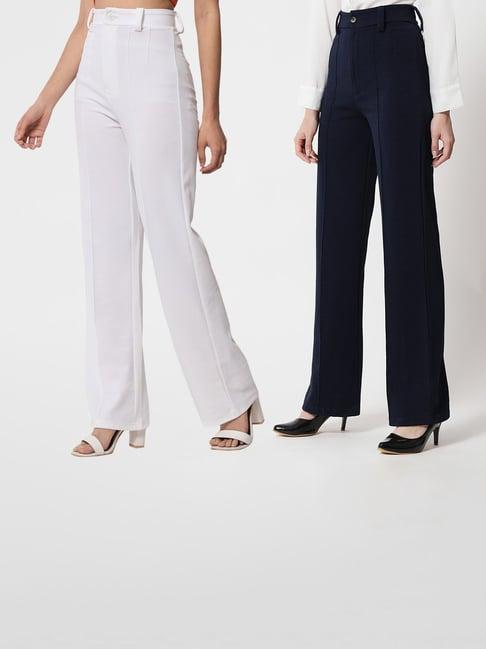 kotty white & navy solid high rise trousers (pack of 2)