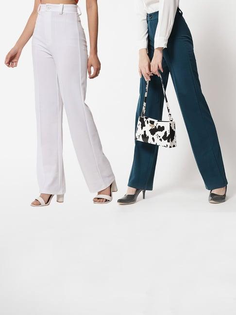 kotty white & teal solid high rise trousers (pack of 2)