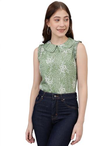 kotty women's casual ruffled sleeves printed top(green,m)