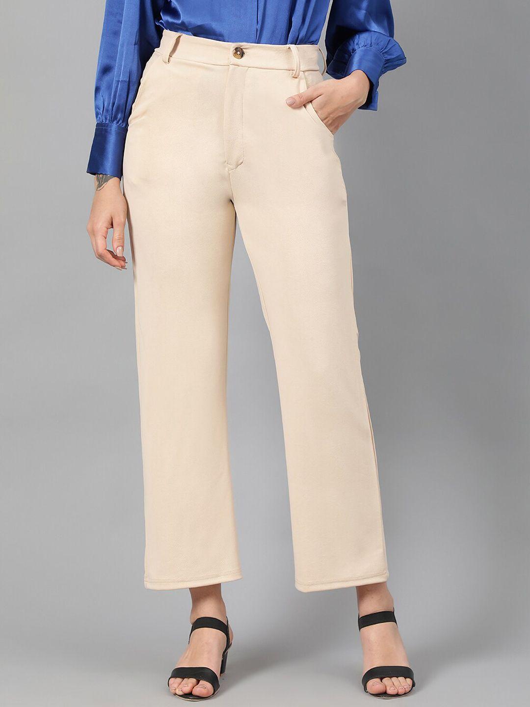 kotty women beige relaxed straight leg fit high-rise easy wash trousers