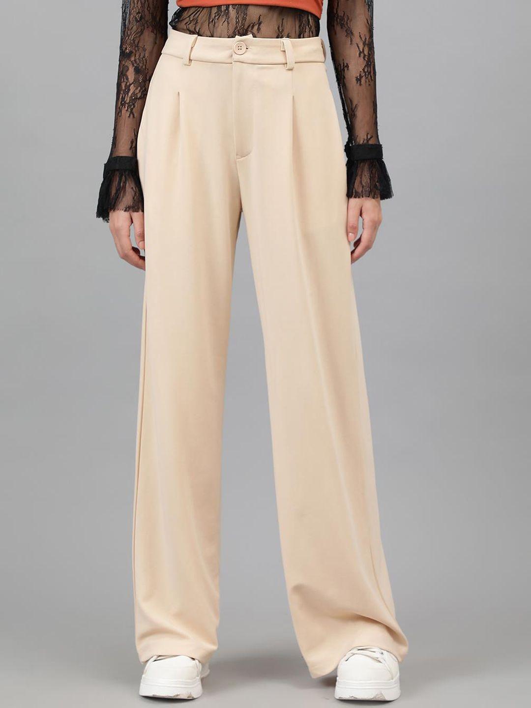 kotty women beige relaxed straight leg high-rise easy wash pleated parallel trousers