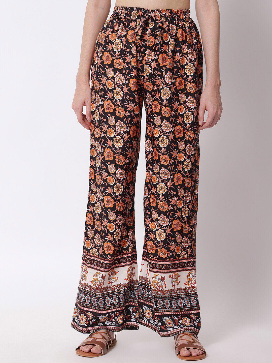 kotty women black floral printed relaxed high-rise easy wash trousers