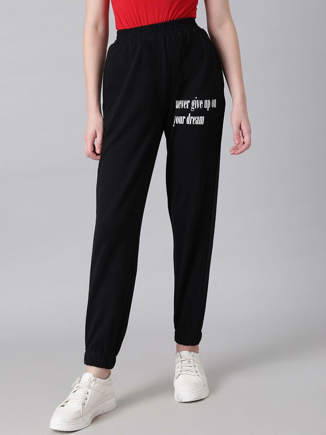 kotty women black typography printed relaxed fit joggers