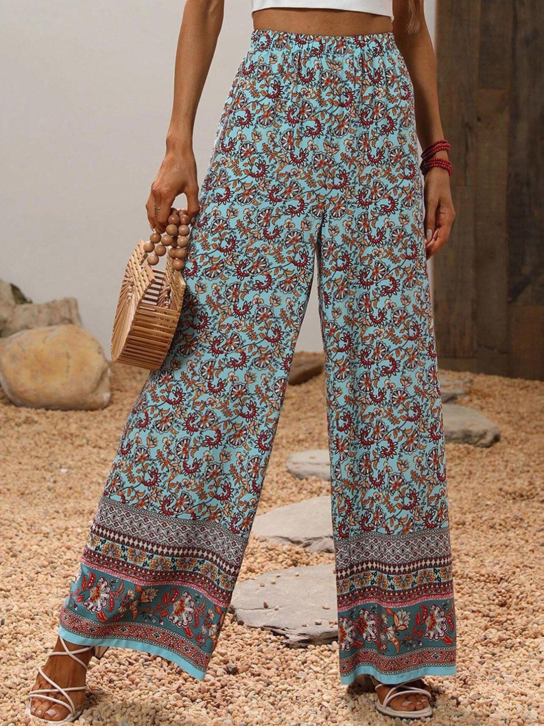 kotty women blue ethnic motifs printed relaxed straight fit high-rise easy wash trousers