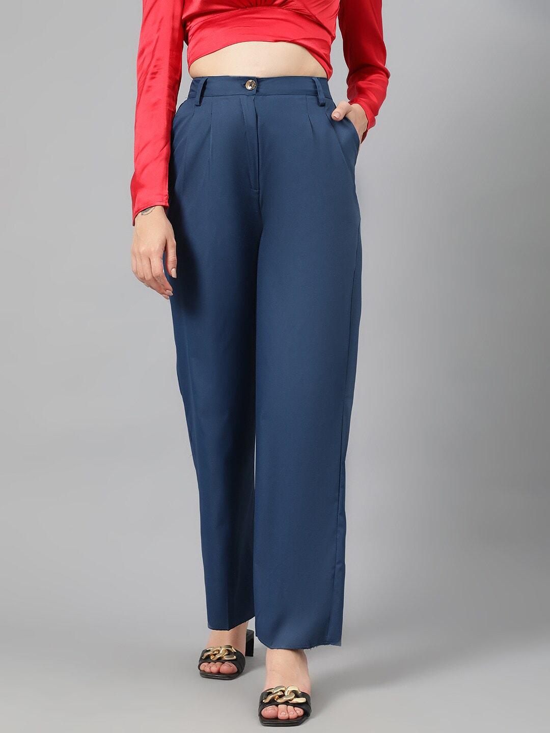 kotty women blue high-rise relaxed straight leg straight fit easy wash pleated trousers