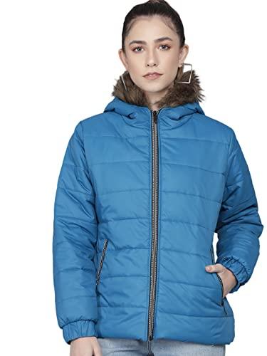 kotty women blue nylon full sleeve solid puffer jacket (blue1,34)