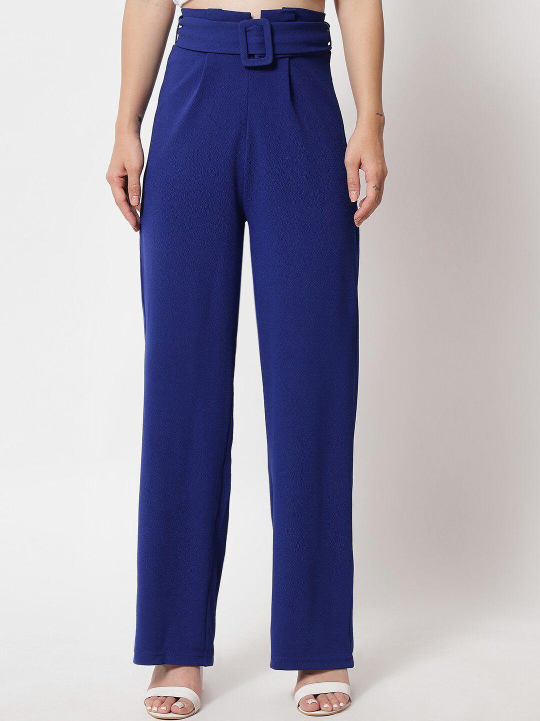 kotty women blue relaxed straight fit high-rise easy wash pleated trousers