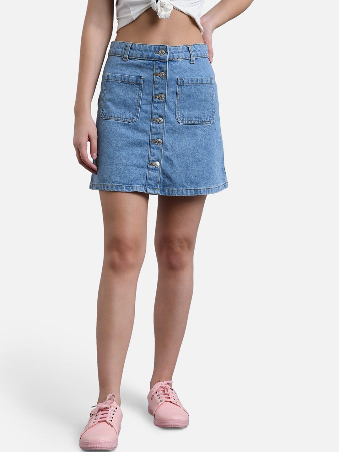 kotty women blue solid denim mini a-line skirt