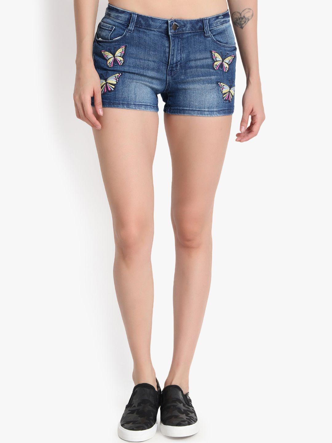 kotty women blue solid regular fit denim shorts