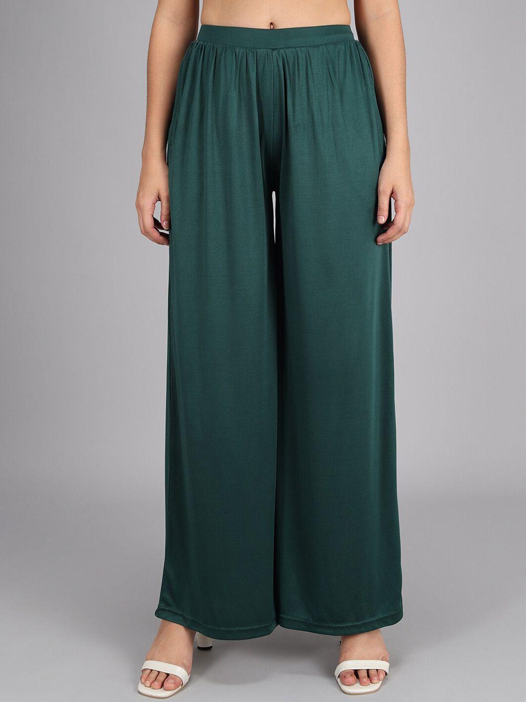 kotty women green flared high-rise pleated parallel trousers