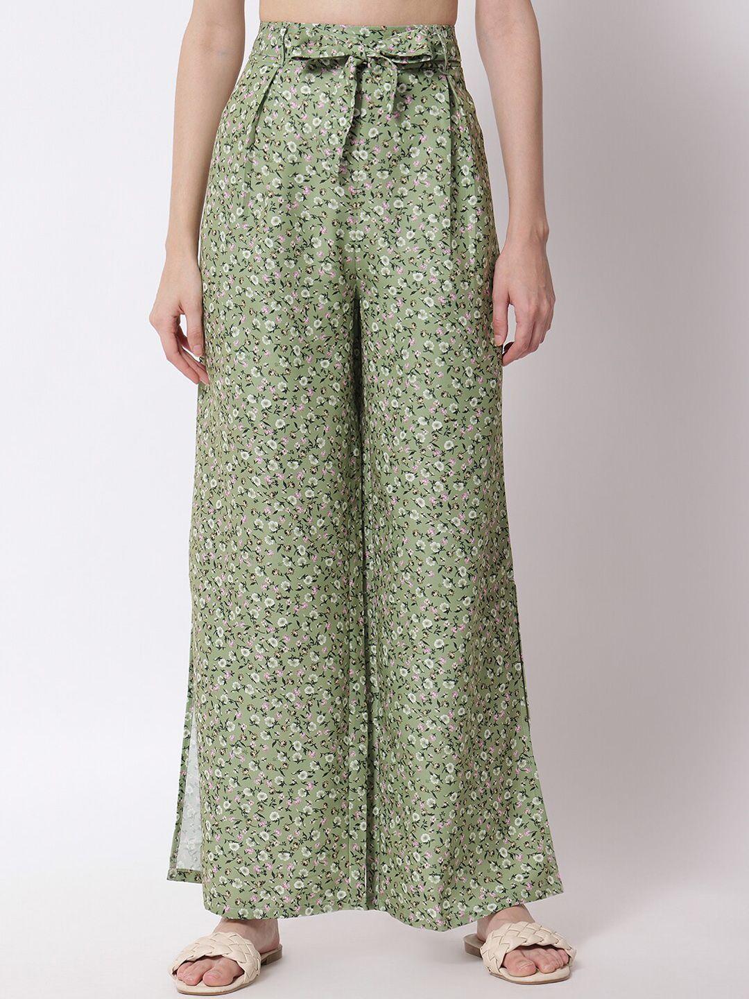 kotty women green floral printed relaxed flared high-rise easy wash pleated trousers