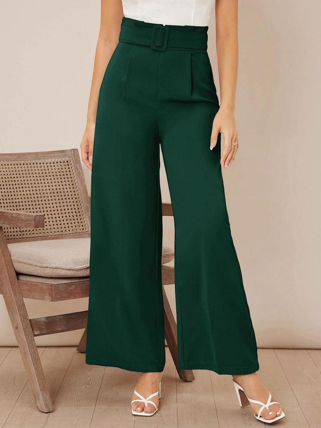 kotty women green relaxed straight leg straight fit high-rise easy wash pleated trousers