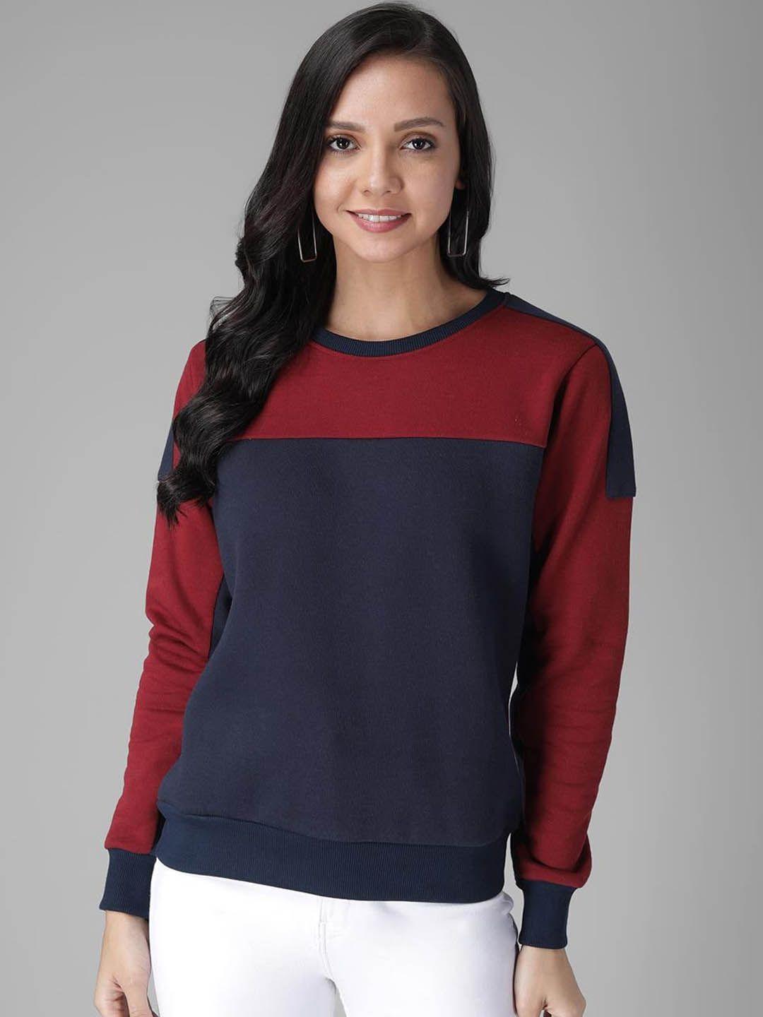 kotty women maroon & blue colourblocked sweatshirt