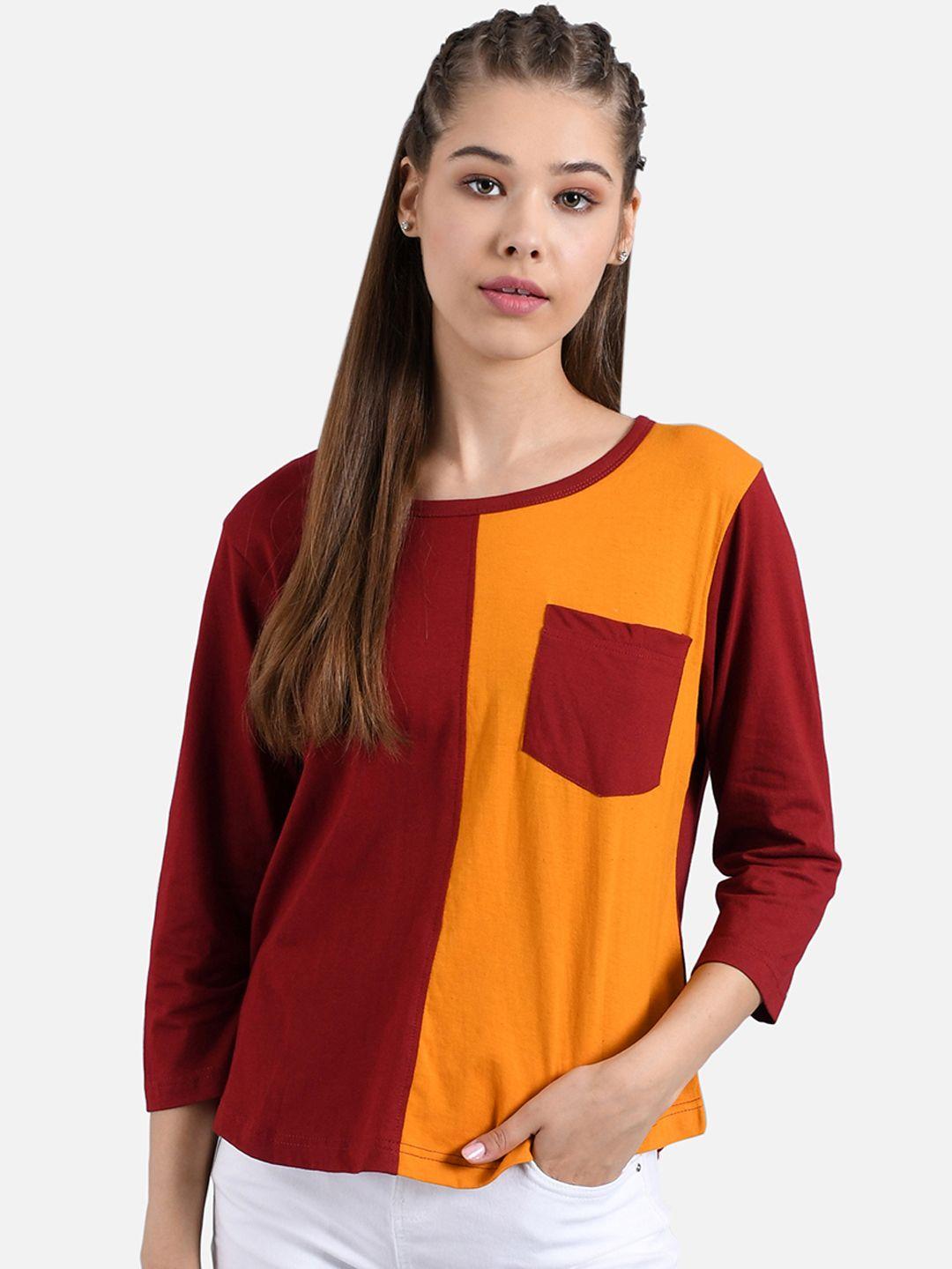 kotty women maroon & orange colourblocked round neck t-shirt