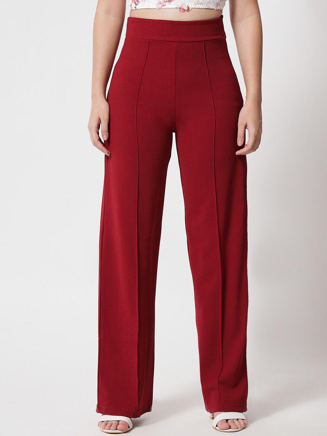 kotty women maroon relaxed straight fit high-rise easy wash pleated trousers