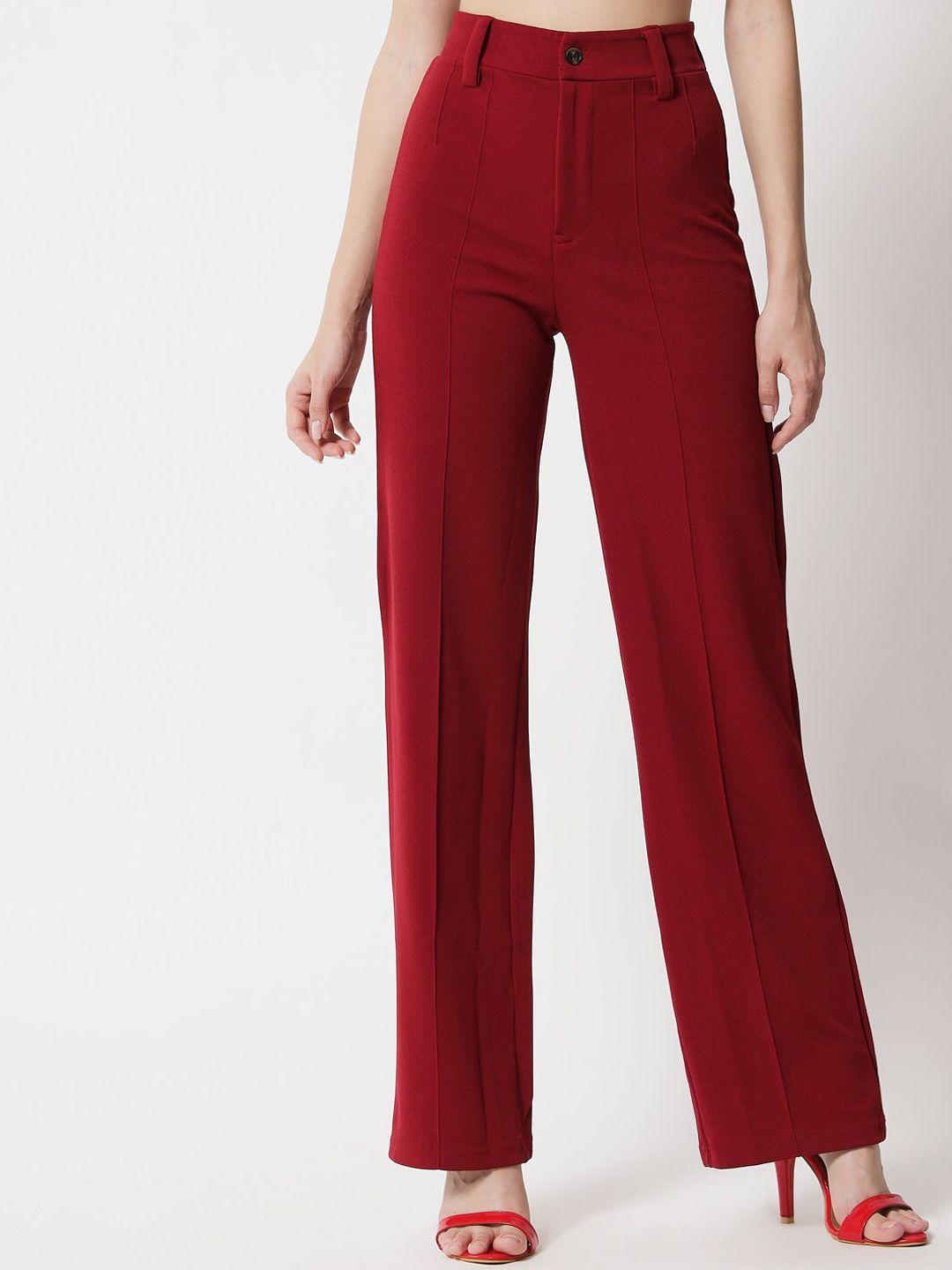 kotty women maroon relaxed straight fit high-rise easy wash trousers