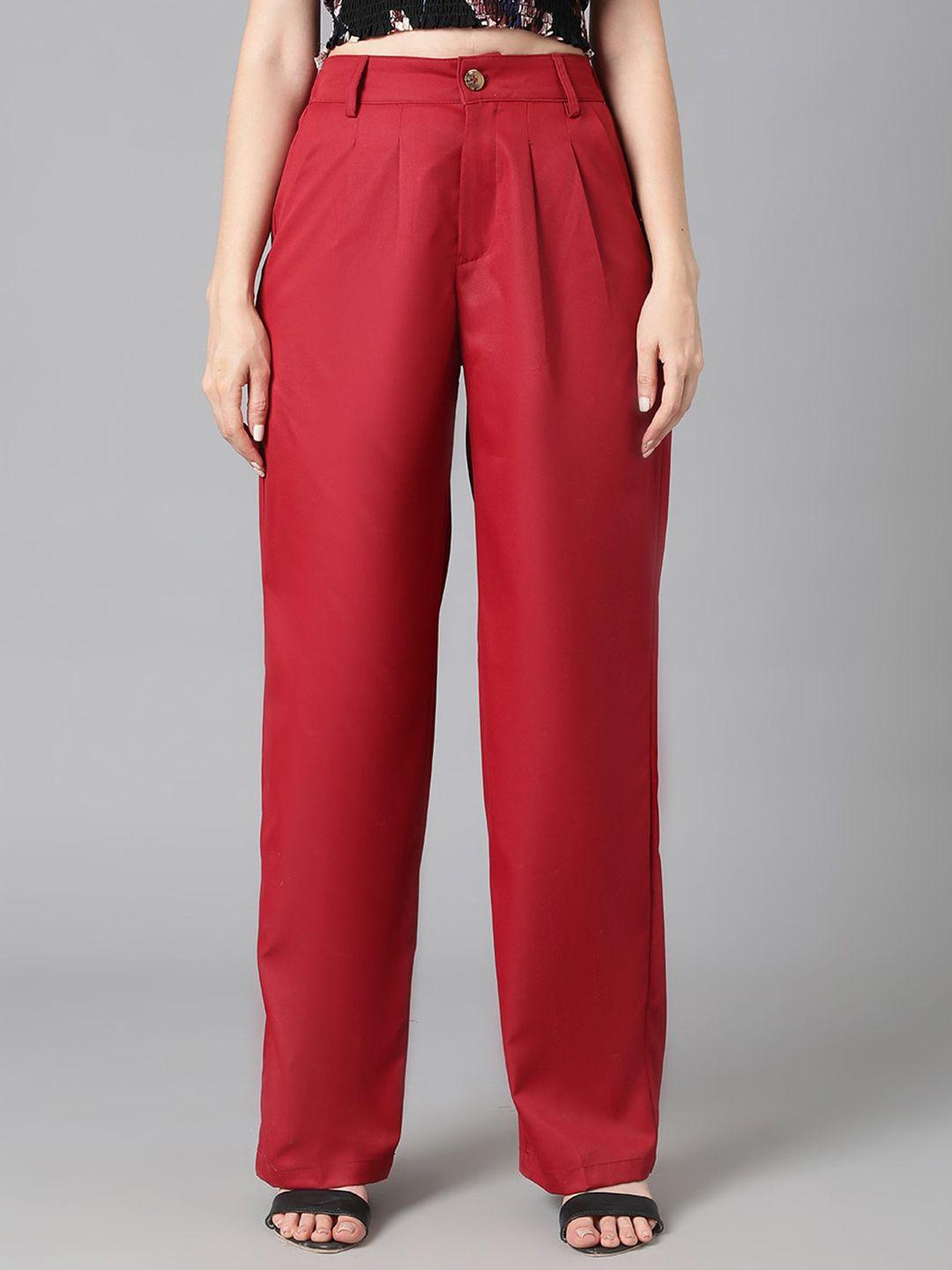 kotty women maroon relaxed straight leg high-rise easy wash pleated parallel trousers