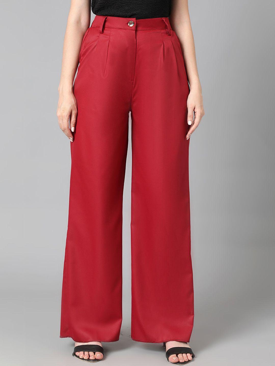 kotty women maroon relaxed straight leg straight fit high-rise easy wash pleated trousers