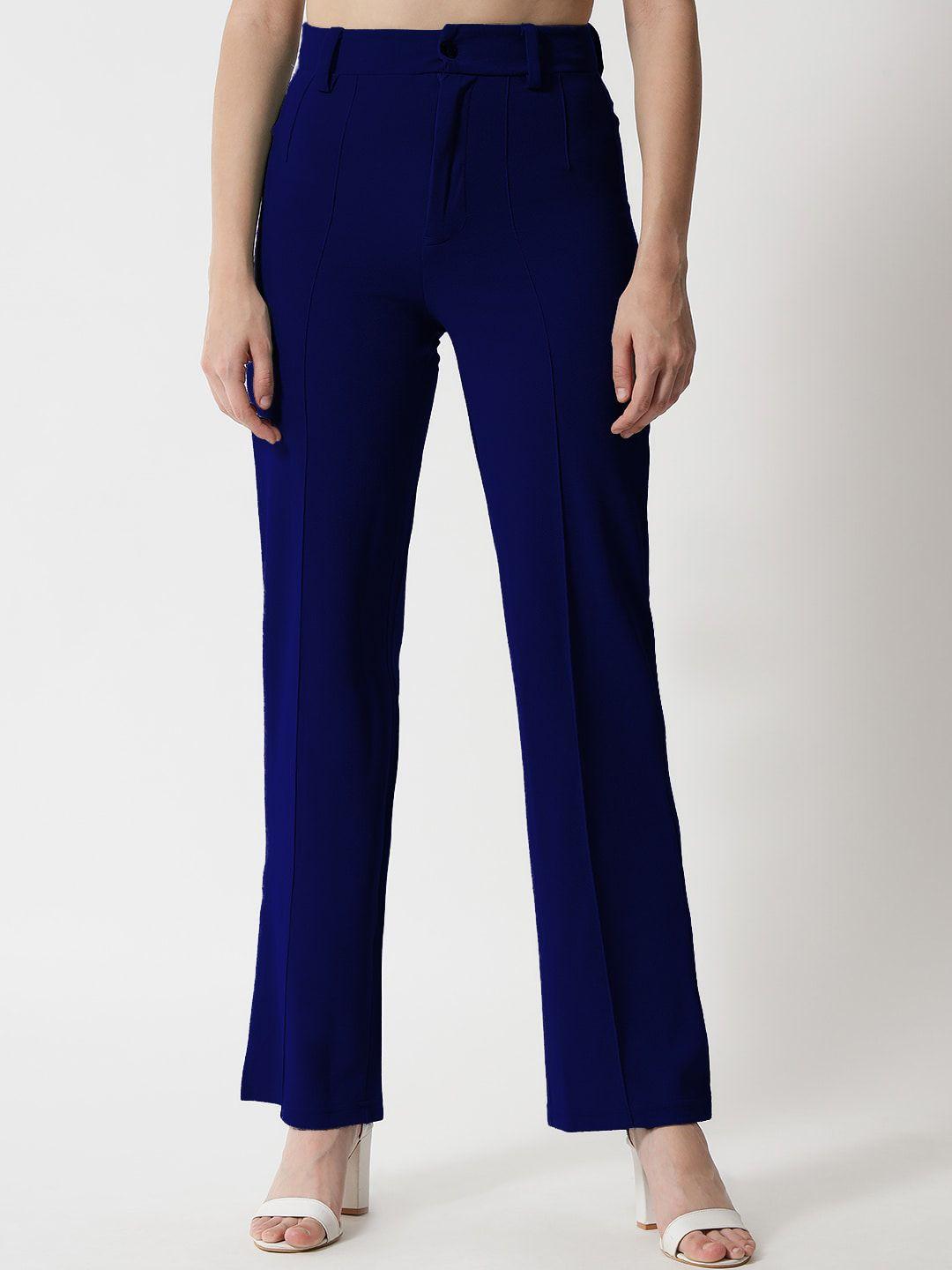 kotty women navy blue relaxed straight fit high-rise easy wash trousers