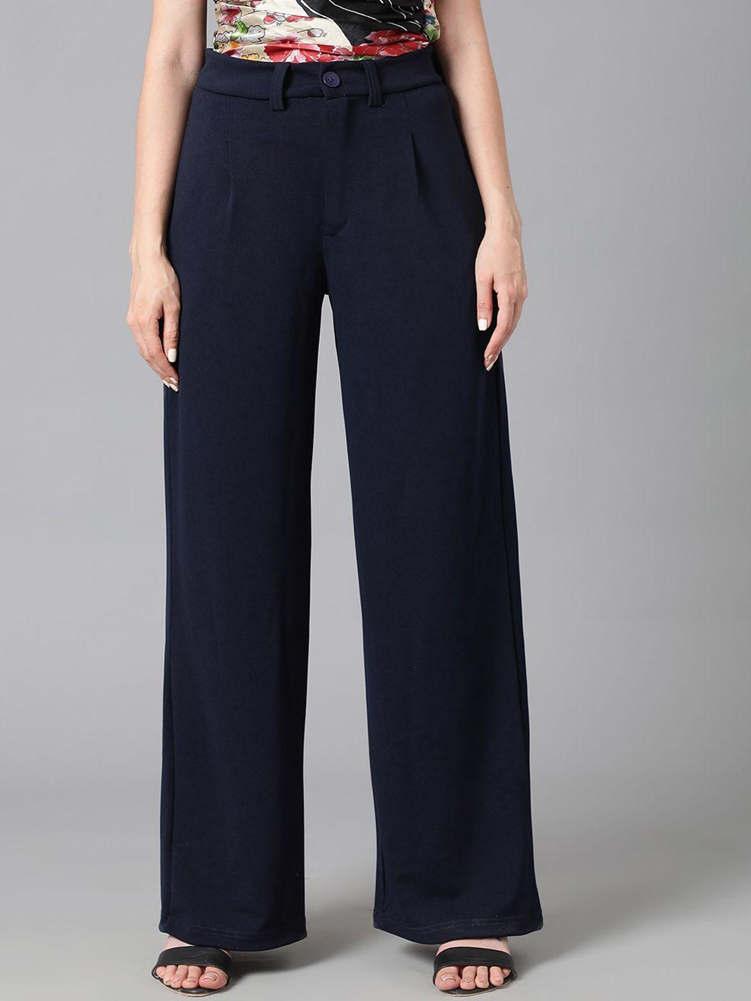 kotty women navy blue relaxed straight leg  high-rise easy wash pleated parallel trousers