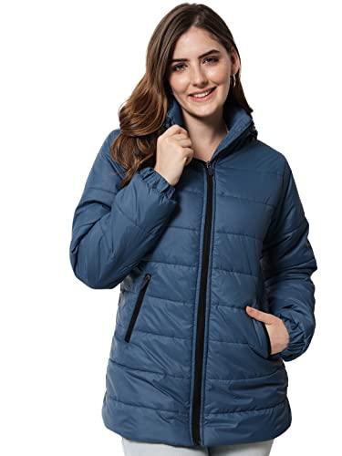 kotty women nylon spruce blue solid puffer jacket spruce blue,34