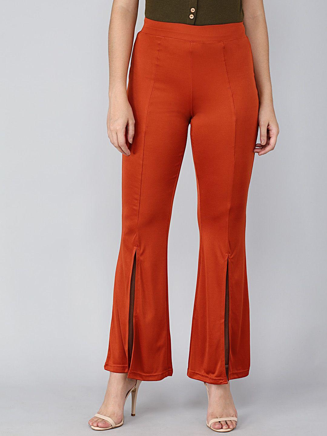 kotty women orange flared high rise bootcut trousers