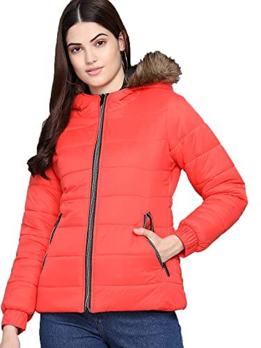 kotty women orange nylon full sleeve padded puffer jacket (orange2,34)