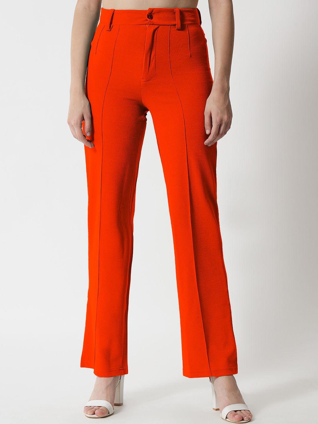 kotty women orange relaxed straight fit high-rise easy wash trousers