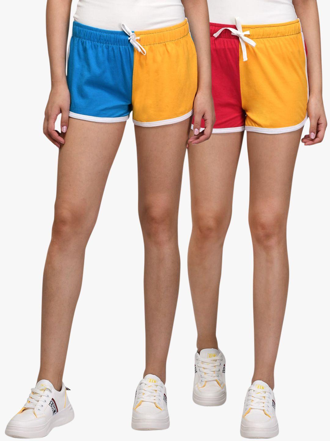 kotty women pack of 2 multicoloured colourblocked regular fit hot pants