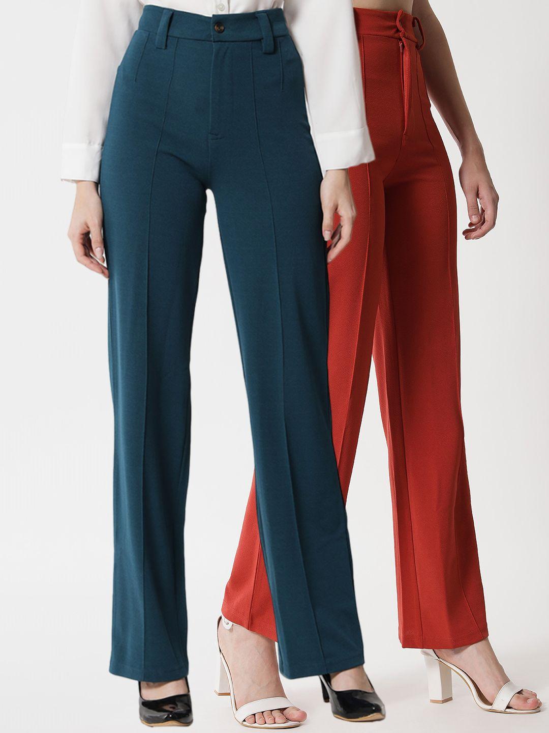 kotty women pack of 2 relaxed straight fit high-rise easy wash parallel trousers