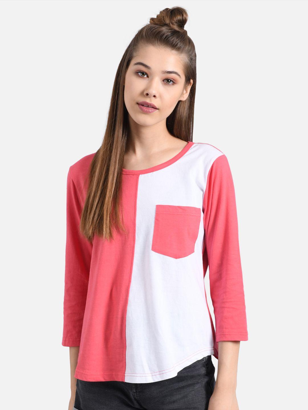 kotty women pink & white colourblocked round neck t-shirt