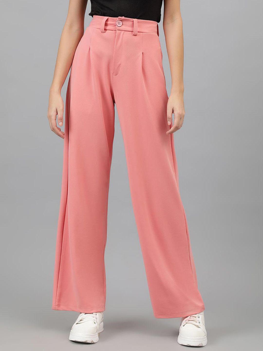 kotty women pink relaxed straight leg straight fit high-rise easy wash pleated trousers