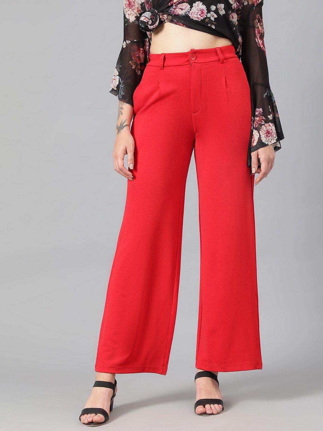 kotty women red high-rise relaxed wide leg straight fit easy wash trousers