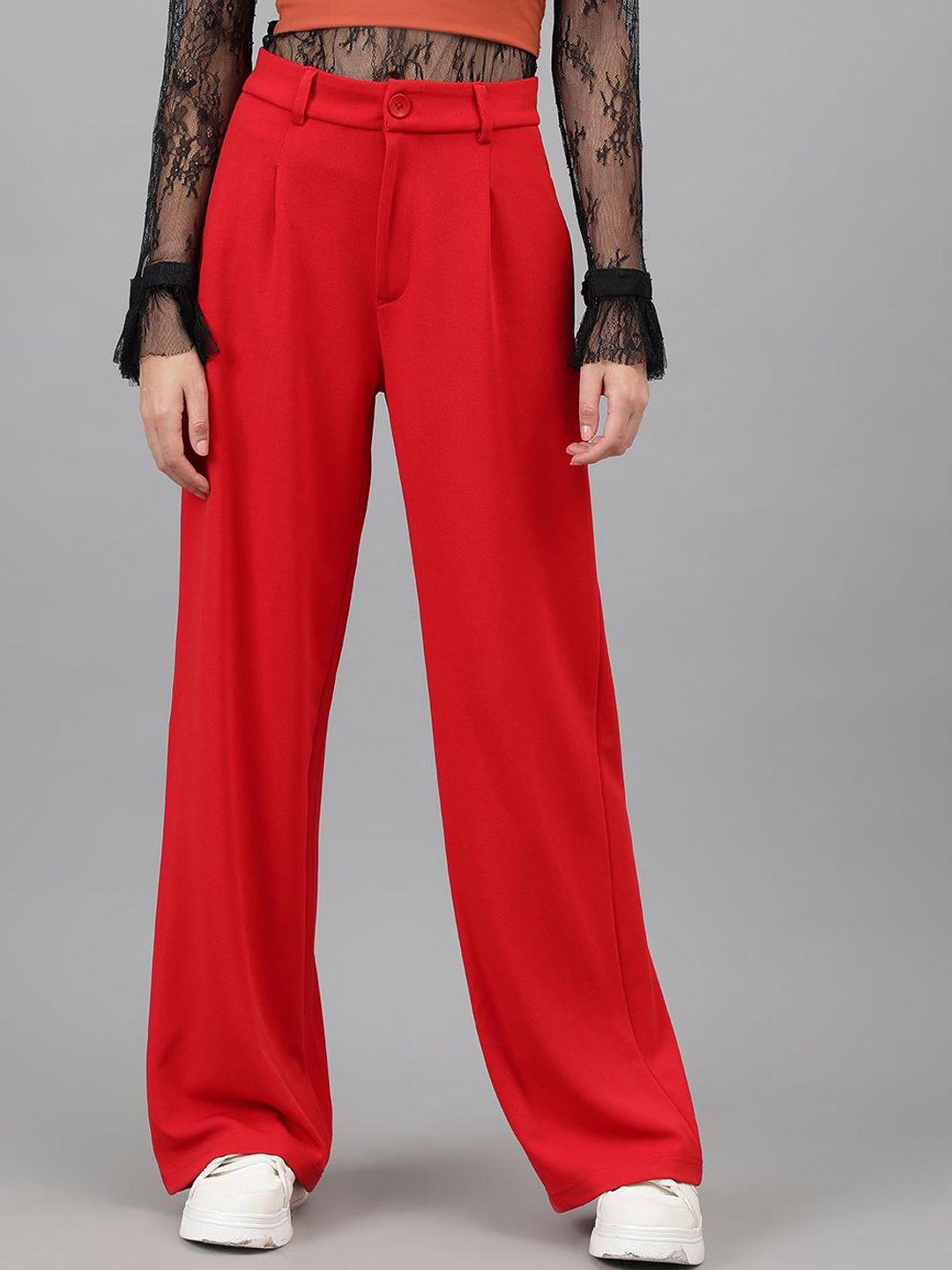 kotty women red relaxed straight leg straight fit high-rise easy wash trousers