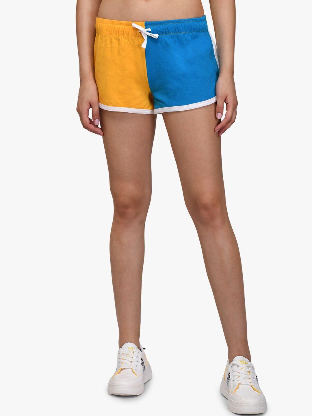 kotty women yellow & blue colourblocked regular fit regular shorts