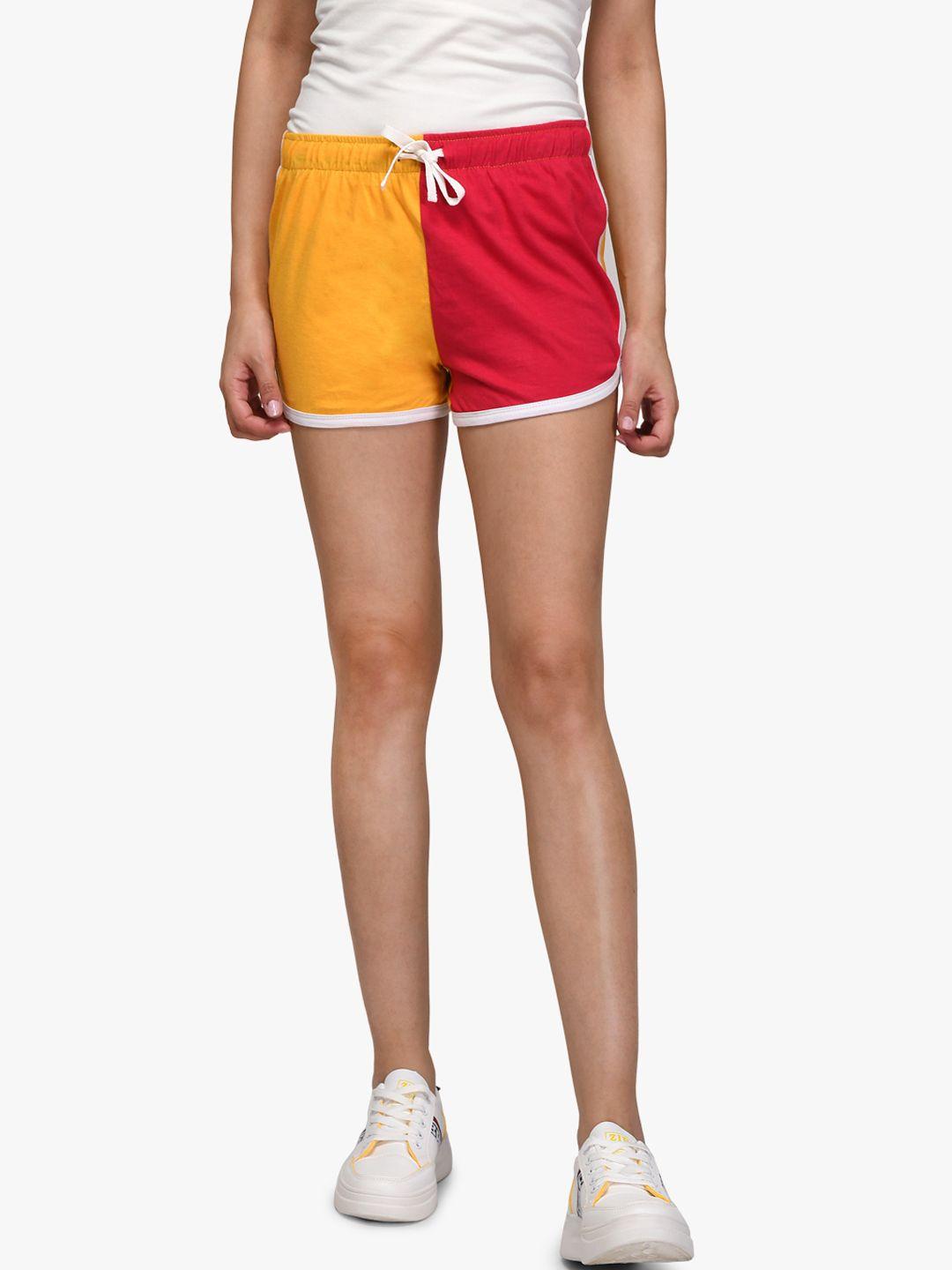 kotty women yellow colourblocked regular fit regular shorts