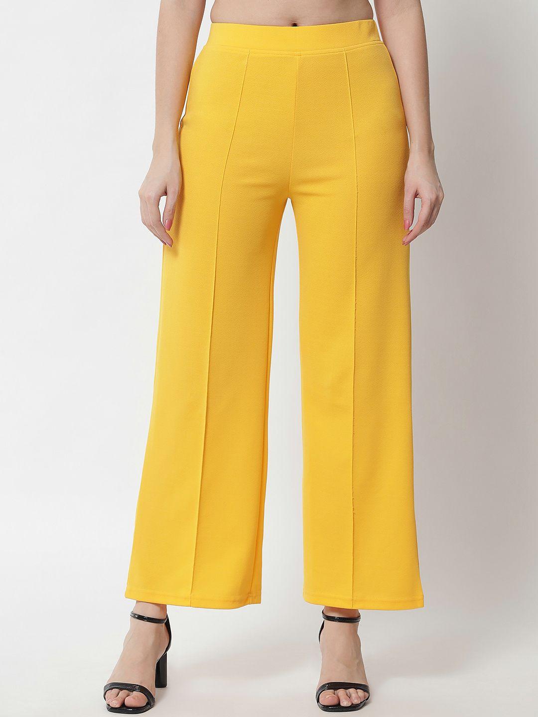 kotty women yellow solid relaxed straight fit easy wash pleated trousers