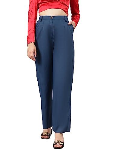 kotty womens cotton blend straight fit trousers navy blue