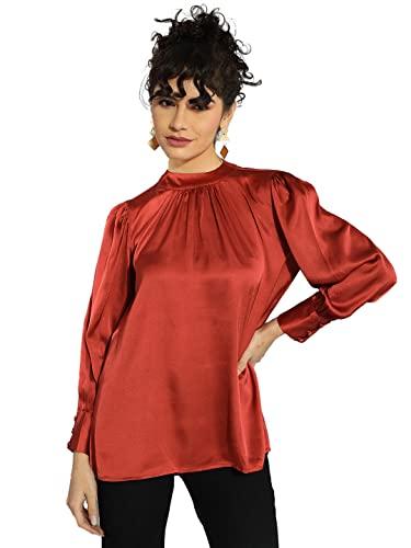 kotty womens rust brown satin full sleeve solid top(rust brown,xl)