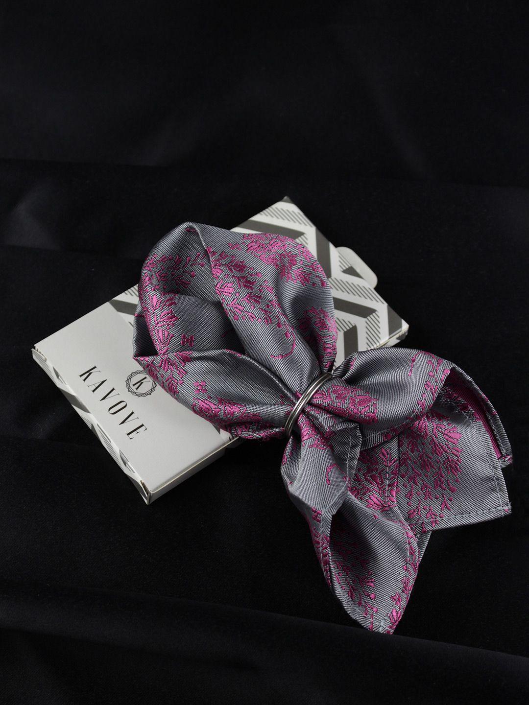 kovove men grey & purple floral printed pocket square