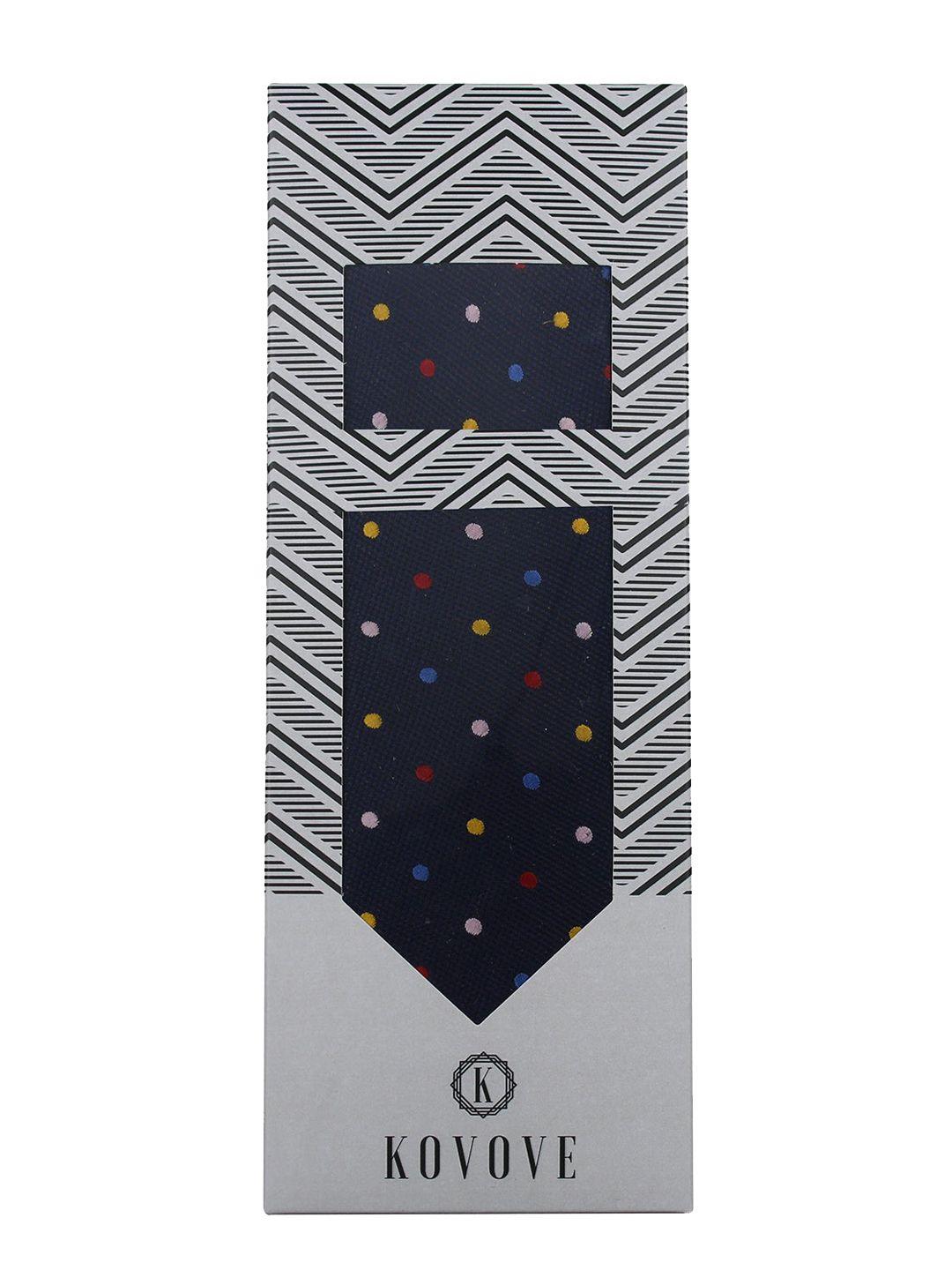 kovove navy blue polka dots tie with pocket square